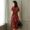 WSB-YMY1926新款圆领短袖复古印花大摆弹力缎真丝连衣裙TZW 商品缩略图2