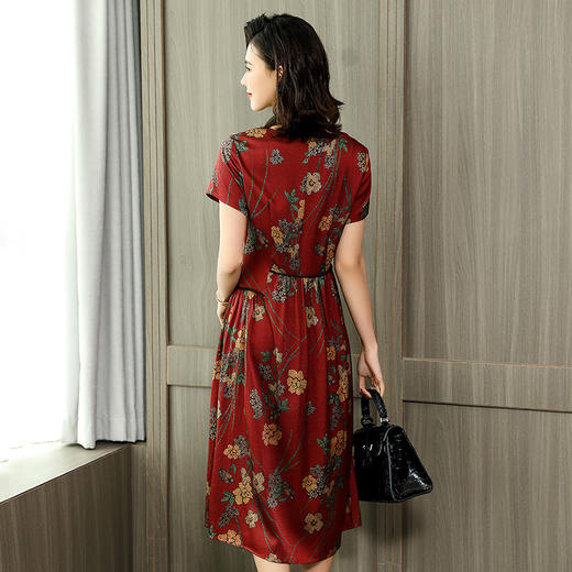 WSB-YMY1926新款圆领短袖复古印花大摆弹力缎真丝连衣裙TZW 商品图2