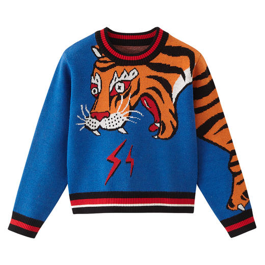 蓝色复古时尚老虎圆领针织衫 商品图6