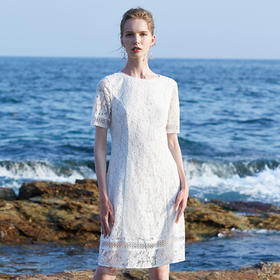 EITIE爱特爱女装新夏季仙女超仙短袖气质简约白色蕾丝连衣裙B1907250