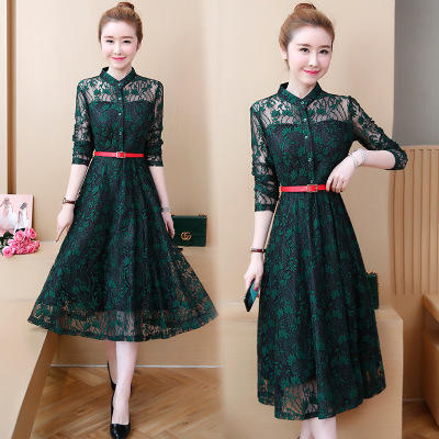 AHM-2136-秋季装时尚大码女装新款气质修身显瘦蕾丝拼接雪纺连衣裙 商品图0