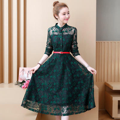 AHM-2136-秋季装时尚大码女装新款气质修身显瘦蕾丝拼接雪纺连衣裙 商品图3