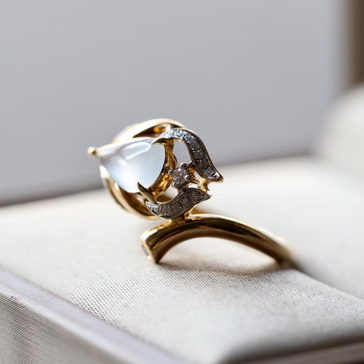 玻璃种翡翠水滴戒指设计师款羽毛18k黄金钻石镶嵌 商品图7