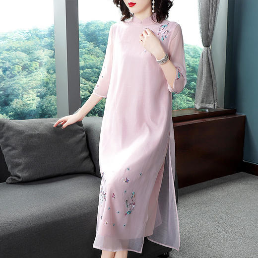 KDS-738新款中国风欧根纱刺绣立领中式开叉连衣裙TZW 商品图3