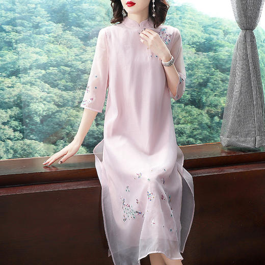 KDS-738新款中国风欧根纱刺绣立领中式开叉连衣裙TZW 商品图2