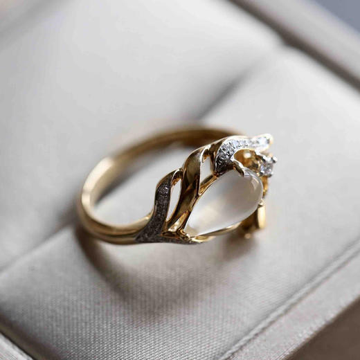 玻璃种翡翠水滴戒指设计师款羽毛18k黄金钻石镶嵌 商品图8