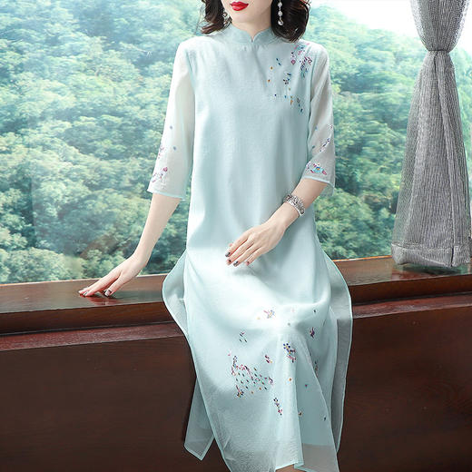 KDS-738新款中国风欧根纱刺绣立领中式开叉连衣裙TZW 商品图0