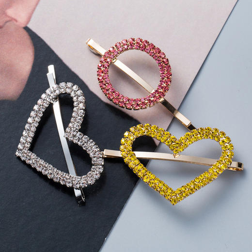 〖一字夹三件套〗圆形爱心形亚克力镶钻韩版发夹女套装成人一字夹三件套网红刘海夹 商品图1