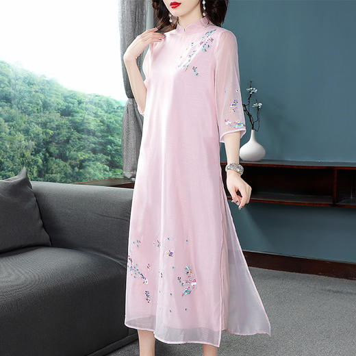 KDS-738新款中国风欧根纱刺绣立领中式开叉连衣裙TZW 商品图4