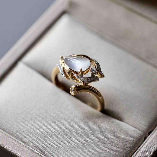 玻璃种翡翠水滴戒指设计师款羽毛18k黄金钻石镶嵌 商品图6