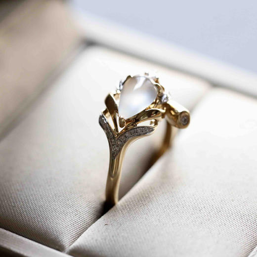 玻璃种翡翠水滴戒指设计师款羽毛18k黄金钻石镶嵌 商品图2