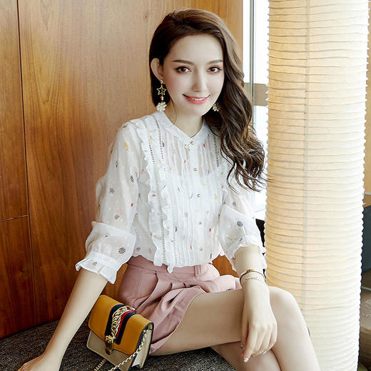 XS-5885新款洋气衬衫五分袖ins很仙的显瘦雪纺上衣 商品图0