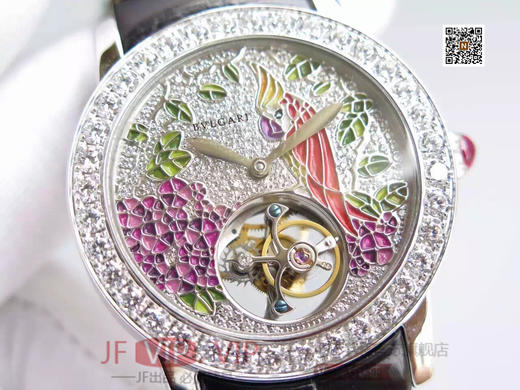 W0053N4550宝格丽 凹镜 女款37毫米直径陀飞轮  珐琅表盘  立体鹦鹉 搭载手动复古偏心陀飞轮 美洲进口鳄鱼皮 商品图3