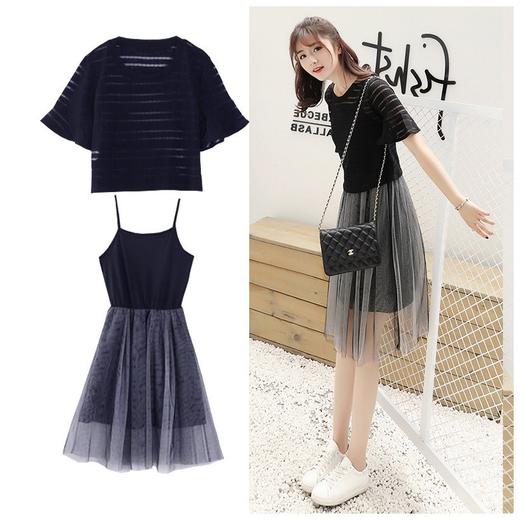 夏季小清新套装中长款上装两件套连衣裙学生吊带女裙子 商品图0