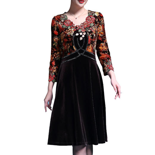 MY-6942新款丝绒连衣裙名媛气质绣花中长款大摆裙 商品图3