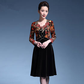 MY-6942新款丝绒连衣裙名媛气质绣花中长款大摆裙