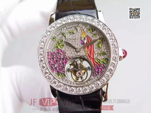 W0053N4550宝格丽 凹镜 女款37毫米直径陀飞轮  珐琅表盘  立体鹦鹉 搭载手动复古偏心陀飞轮 美洲进口鳄鱼皮 商品图0