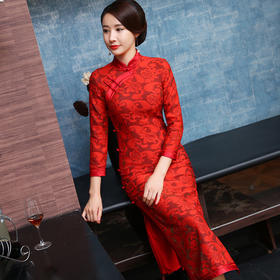 SBH-9001新品长袖礼服复古一字扣长款旗袍裙