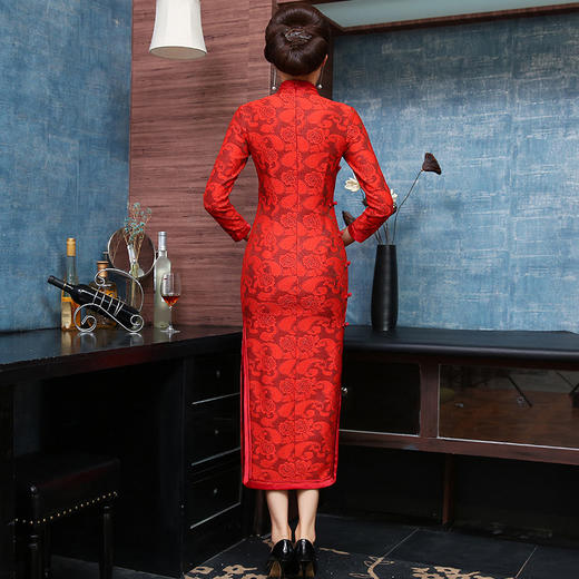 SBH-9001新品长袖礼服复古一字扣长款旗袍裙 商品图3