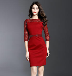 TQ-K1711夏网纱钉珠连衣裙七分袖修身包臀裙连衣裙