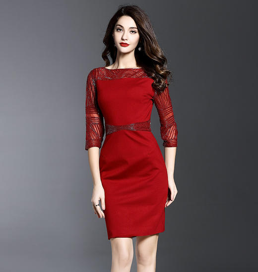 TQ-K1711夏网纱钉珠连衣裙七分袖修身包臀裙连衣裙 商品图0