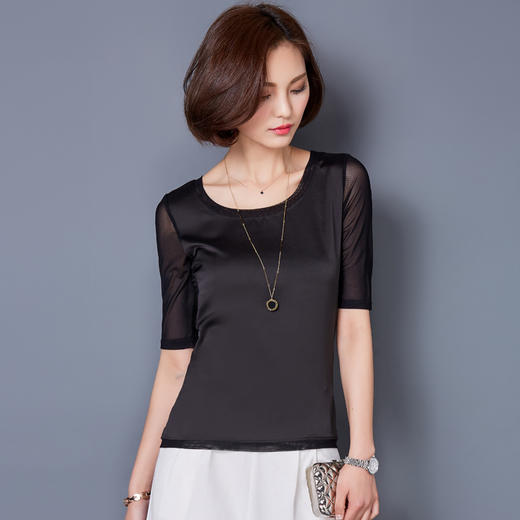 kql e038m656中袖网纱大码修身显瘦百搭圆领上衣