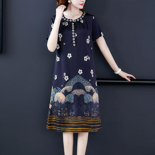 NYF-85456新款圆领印花莨绸纱香云纱连衣裙 商品图2