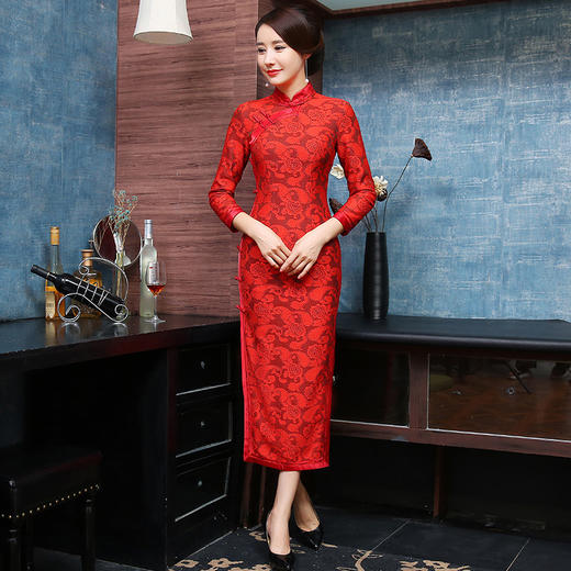 SBH-9001新品长袖礼服复古一字扣长款旗袍裙 商品图2