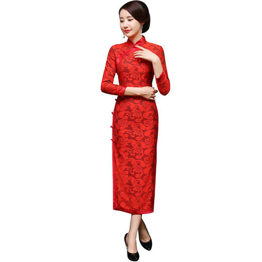 SBH-9001新品长袖礼服复古一字扣长款旗袍裙 商品图4