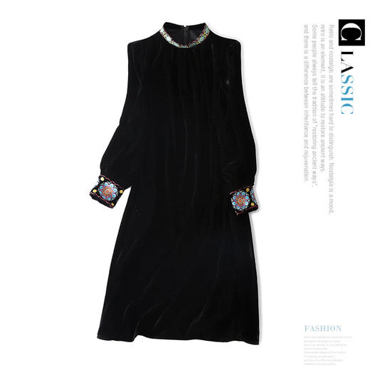 YXF-Y8383新款立领欧洲宫廷绣花灯笼袖纯色真丝丝绒连衣裙 商品图3