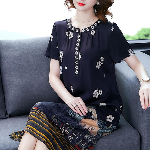 NYF-85456新款圆领印花莨绸纱香云纱连衣裙 商品图0