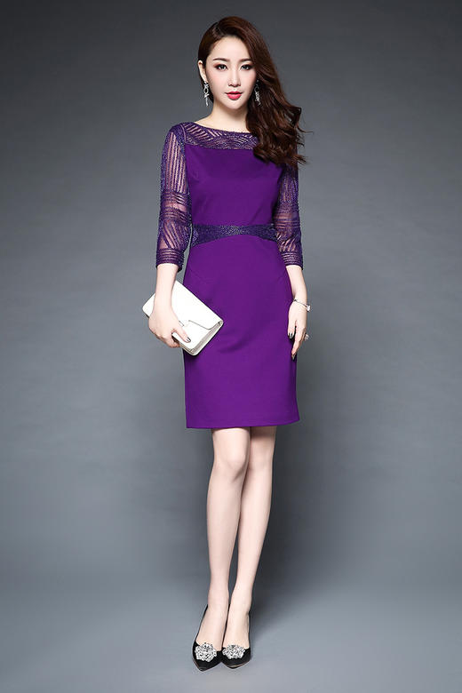 TQ-K1711夏网纱钉珠连衣裙七分袖修身包臀裙连衣裙 商品图2