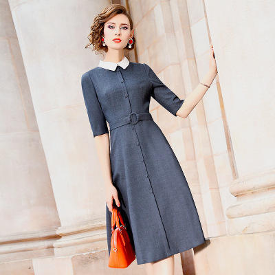 FMY-9CL21738新款复古小众收腰半袖娃娃领裙 商品图0