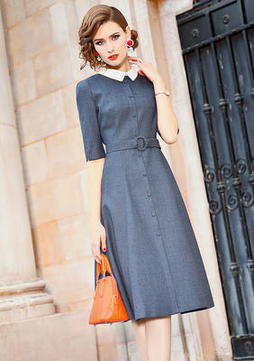 FMY-9CL21738新款复古小众收腰半袖娃娃领裙 商品图1