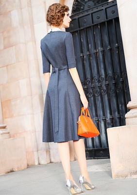 FMY-9CL21738新款复古小众收腰半袖娃娃领裙 商品图3