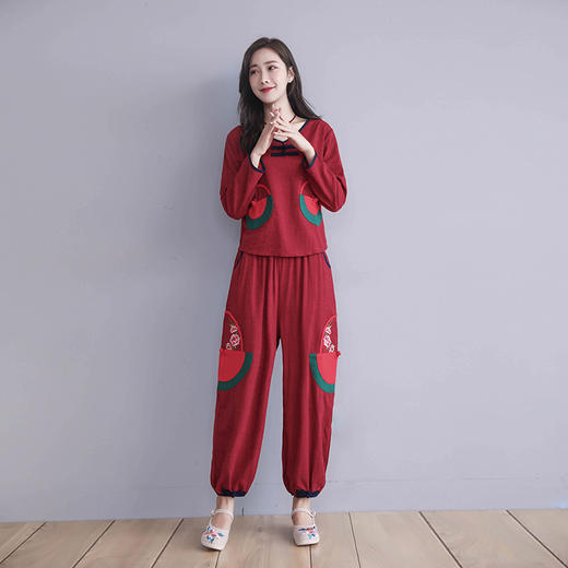 F-E6627新款大码民族风棉麻绣花长袖上衣+裤子两件套TZW 商品图3