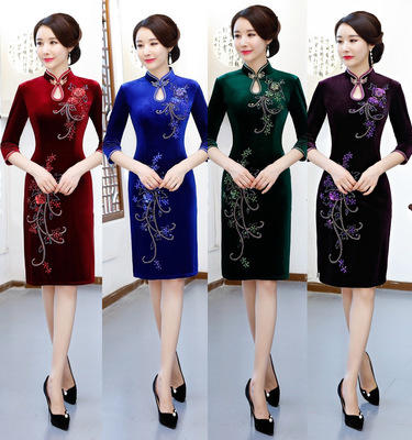 ZA-115-金丝绒旗袍裙改良婚宴服 商品图0