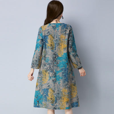 YMB-5  印花民族风棉麻长袖连衣裙圆领宽松中长裙 商品图3