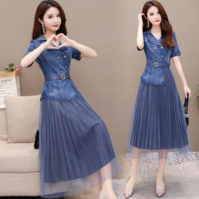 YWE-KED91065新款韩版修身气质高贵短袖网纱牛仔连衣裙TZW