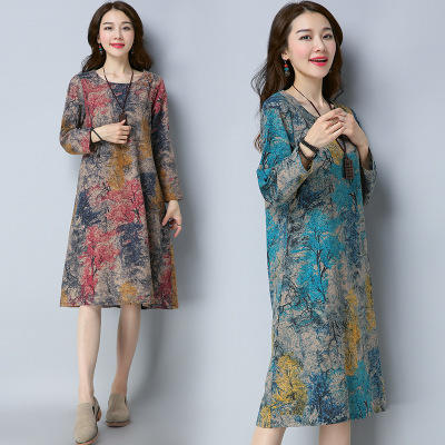 YMB-5  印花民族风棉麻长袖连衣裙圆领宽松中长裙 商品图4