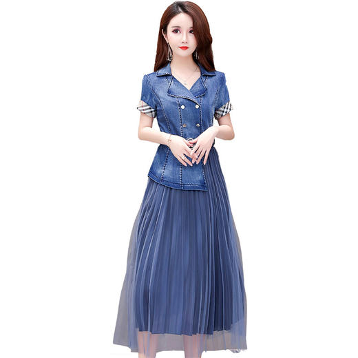 YWE-KED91065新款韩版修身气质高贵短袖网纱牛仔连衣裙TZW 商品图4