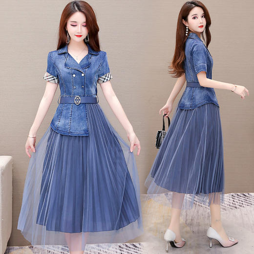 YWE-KED91065新款韩版修身气质高贵短袖网纱牛仔连衣裙TZW 商品图1