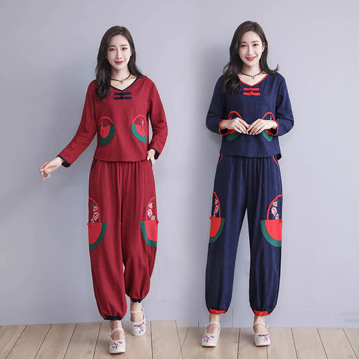 F-E6627新款大码民族风棉麻绣花长袖上衣+裤子两件套TZW 商品图0