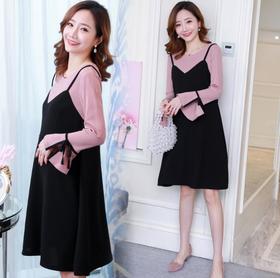 【孕妇装】春秋新款孕妇时尚长袖假两件拼接中长款孕妇连衣裙
