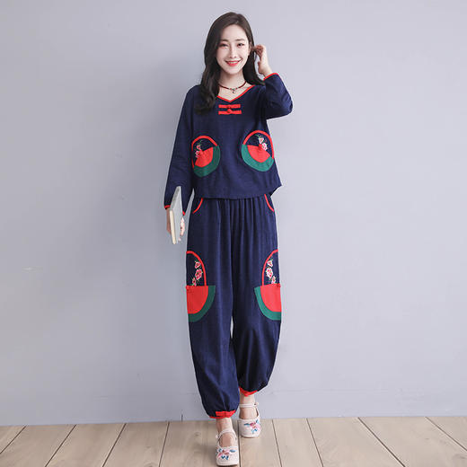 F-E6627新款大码民族风棉麻绣花长袖上衣+裤子两件套TZW 商品图4