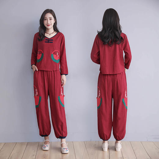 F-E6627新款大码民族风棉麻绣花长袖上衣+裤子两件套TZW 商品图2