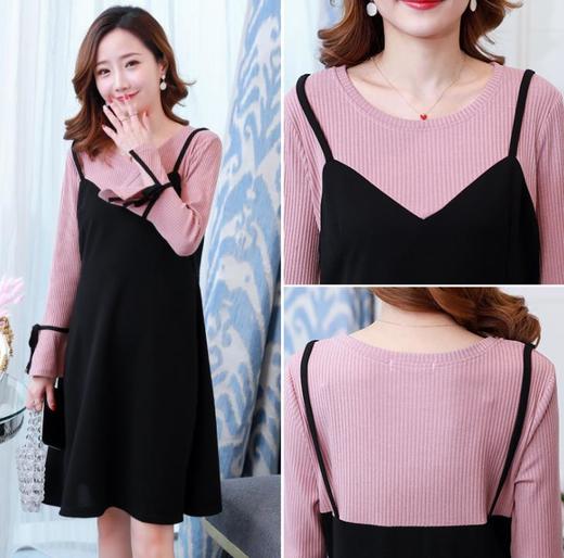 【孕妇装】春秋新款孕妇时尚长袖假两件拼接中长款孕妇连衣裙 商品图2