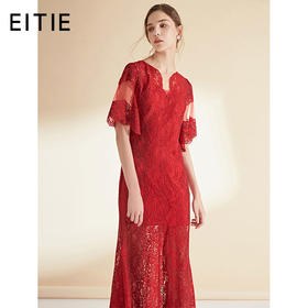 EITIE爱特爱女装新品红蕾丝透视网纱拼接礼服连衣裙长款6077702