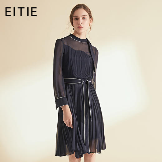 EITIE爱特爱女装初秋季收腰显瘦系带拼色压褶连衣裙6007704 商品图0