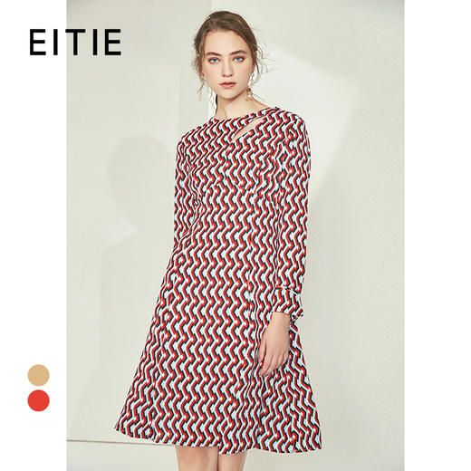 EITIE爱特爱女装初拼色长袖收腰显瘦优雅印花连衣裙6007707 商品图1
